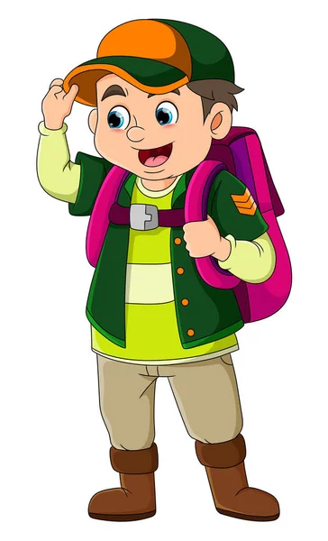 Traveler Boy Ready While Wearing Cap Illustration — Vector de stock