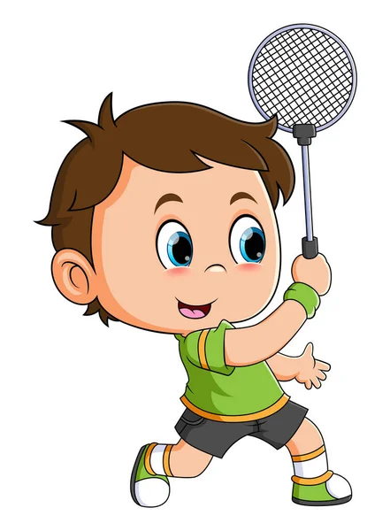 Athlete Boy Playing Badminton Hitting Shuttlecock Illustration — 스톡 벡터
