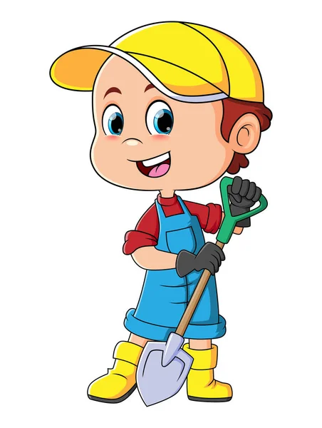 Little Boy Digging Ground Shovel Illustration — стоковый вектор