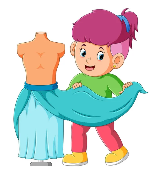 Tailor Girl Trying Put Long Fabric Dress Illustration — Wektor stockowy