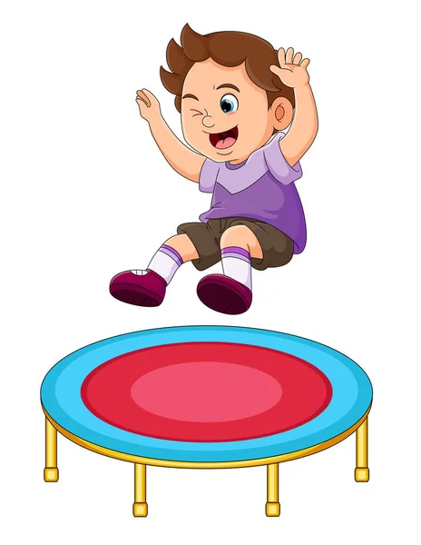 Happy Boy Jumping Trampoline Blinking Eyes Illustration — Stock Vector