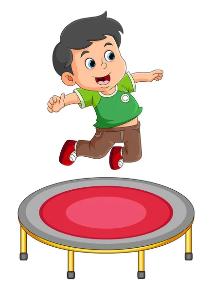 Happy Boy Playing Trampoline Jumping Very High Illustration — Vetor de Stock
