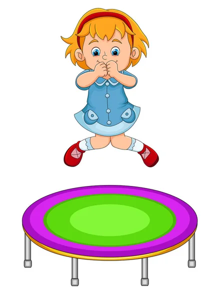 Happy Girl Jumping Trampoline Cute Expression Illustration — Vetor de Stock