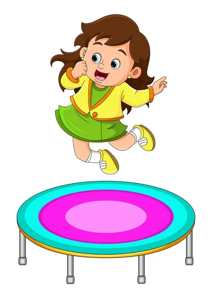 Cute Girl Jumping Trampoline Very High Illustration — Stok Vektör