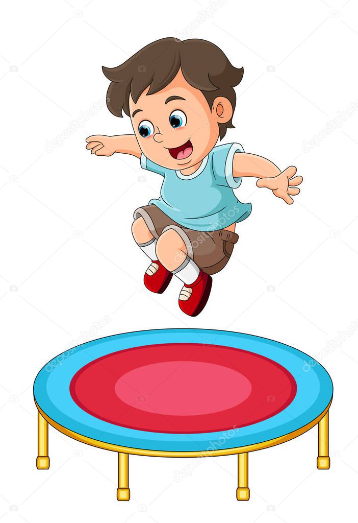 The cute boy is jumping on the trampoline with the happy expression of illustration