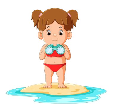 The cute girl is standing on the beach and holding a telescope of illustration