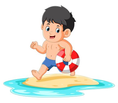 The cute boy is running and holding the tire to swim on the beach of illustration