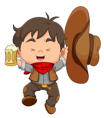 The happy cowboy is jumping and holding a root beer of illustration