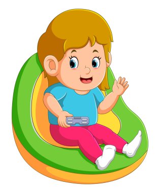 The happy girl is sitting on the sofa and playing the video game of illustration