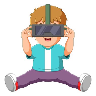 The boy is looking something on virtual reality and jumping of illustration