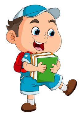 The student boy is going to the school and holding a lot of book of illustration