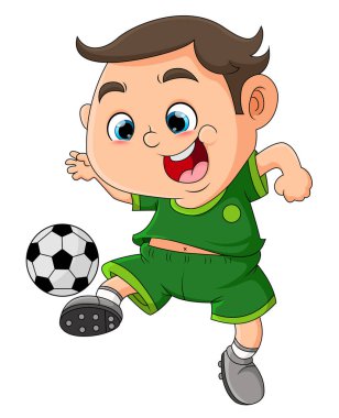 The boy is playing a football and going to shoot and pass the ball in a field of illustration