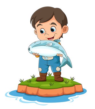 The boy is catching the big dead fish in the river while smiling and happy of illustration