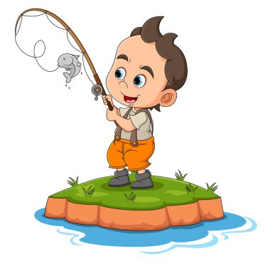 The cute boy is fishing and managed to get small fish in the river while standing of illustration