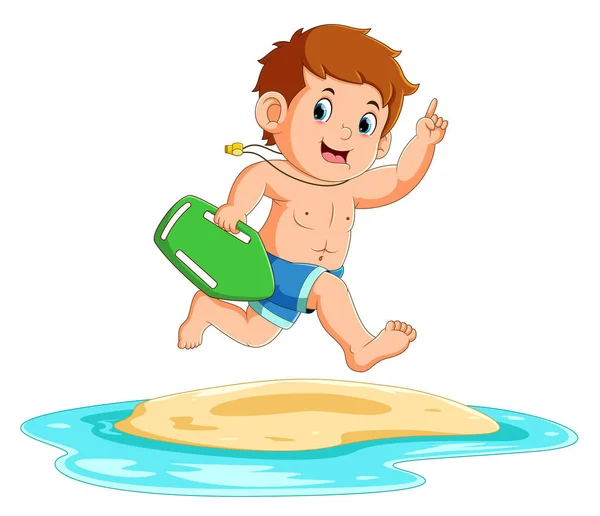 Boy Running Water Play Little Surfboard Illustration — 스톡 벡터