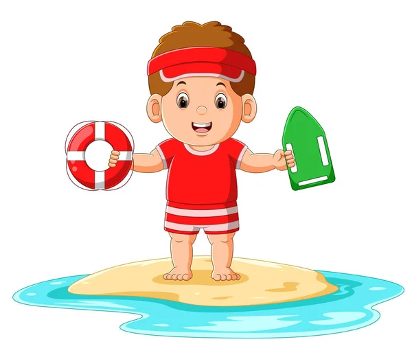 Good Boy Holding Safety Equipment Swim Beach Illustration — 스톡 벡터