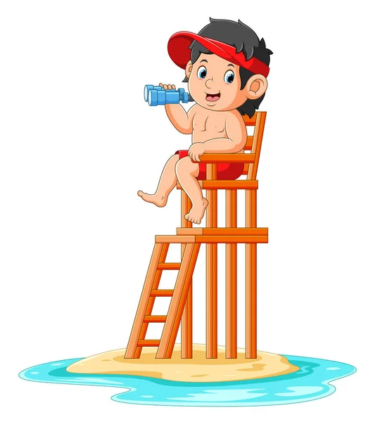 Safeguard Boy Watching Beach Area See Illustration — 스톡 벡터