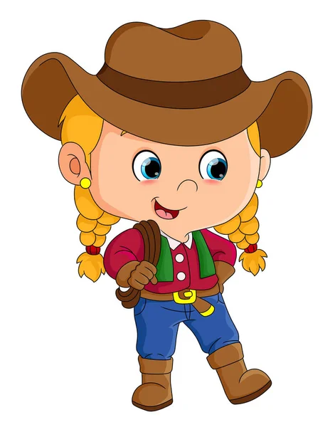 Happy Cowboy Girl Holding Rope Ready Catching Illustration — Stockvector