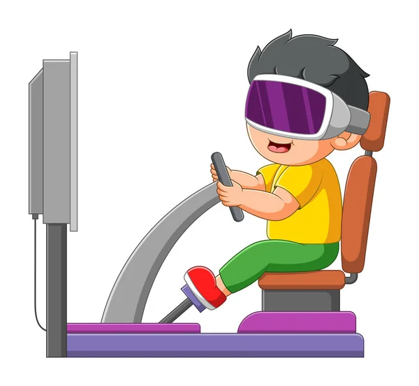 Boy Playing Race Car Virtual Reality Enjoy Game Illustration — Wektor stockowy