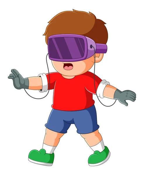 Cute Boy Playing Action Games Virtual Reality Moving His Hand — Wektor stockowy