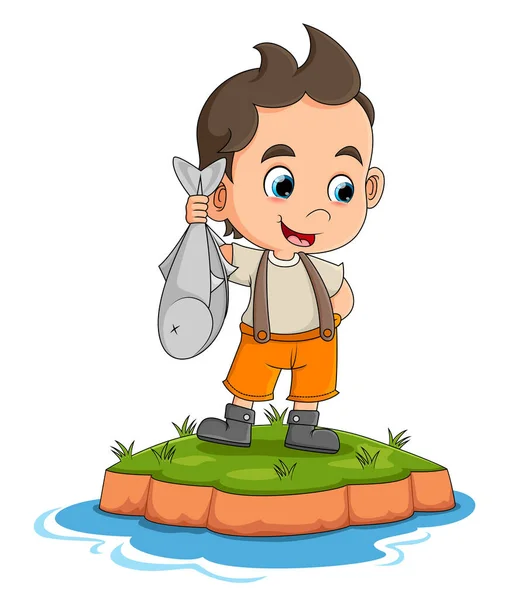 Маленький Хлопчик Ловить Рибу Отримує Маленьку Рибу Річці Такий Щасливий — стоковий вектор
