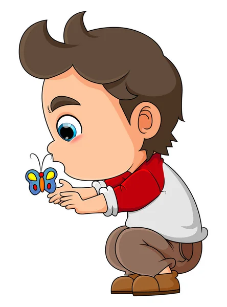 Cute Boy Catching Very Small Butterfly Blowing Fly Illustration — 스톡 벡터