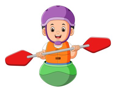 Çocuk miğferi takıyor ve kanoyu dengede tutuyor.