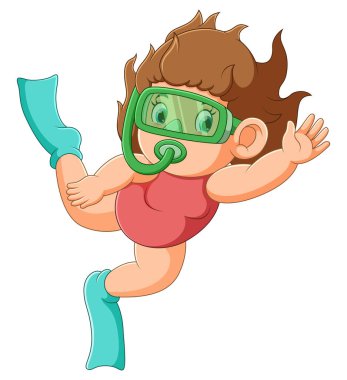 Mutlu kız gözlükleriyle dalmaya ve nefes almaya çalışıyor.