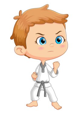 Cesur çocuk resimleme karatesinde bazı hareketler yapıyor.