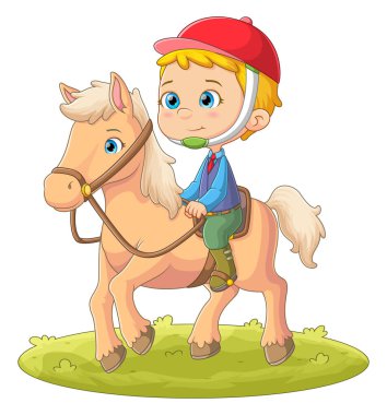 Tatlı çocuk geniş bir çizim alanında bir atla oynuyor ve ata biniyor.