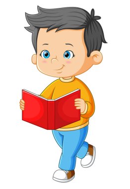 Tatlı çocuk yürüyor ve büyük kırmızı resimleme kitabını okuyor.