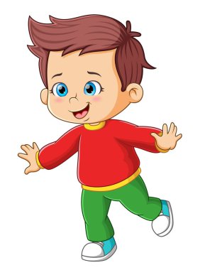 Çocuk yürüyor ve mutlu bir resimle uçmaya çalışıyor.
