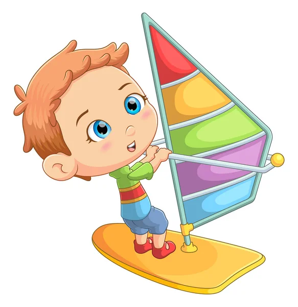 Roztomilý Chlapec Hraje Windsurfing Pláži Radost Ilustrace — Stockový vektor