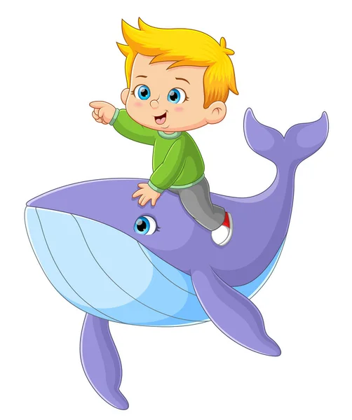 Mały Chłopiec Jest Taki Szczęśliwy Podczas Jazdy Wielkim Wielorybie Oceanie — Wektor stockowy