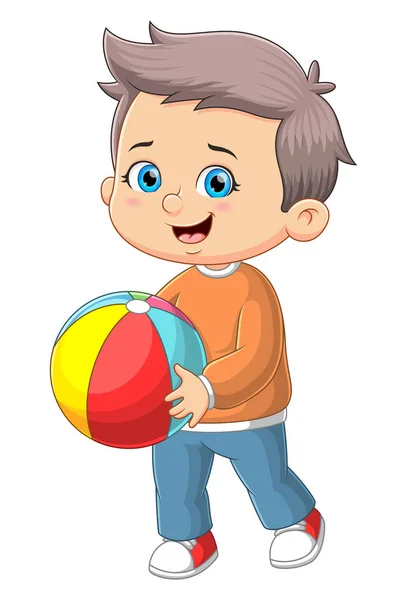 Chico Lindo Está Corriendo Jugando Bola Arco Iris Ilustración — Vector de stock