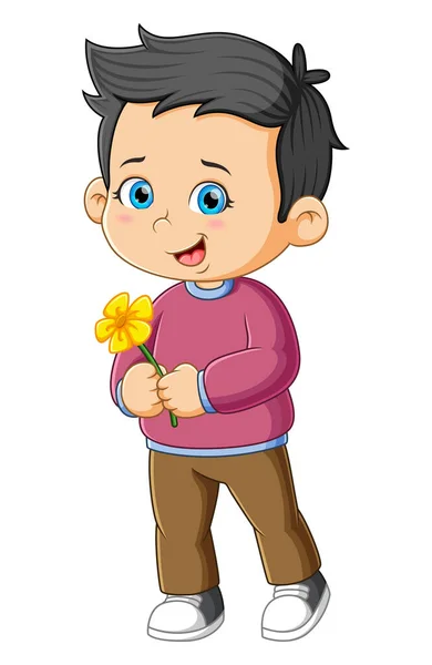 Der Süße Junge Hält Die Schöne Helle Blume Der Illustration — Stockvektor