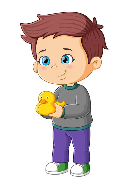 这个可爱的男孩拿着塑料鸭 玩着插画鸭 — 图库矢量图片