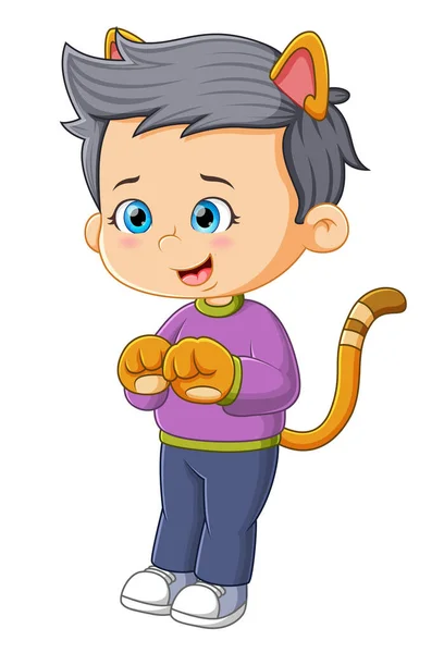 Μικρό Αγόρι Γατάκι Κάνει Cosplay Κοστούμι Γάτα Της Απεικόνισης — Διανυσματικό Αρχείο