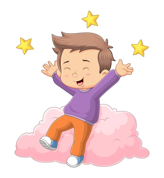 Bambino Carino Sta Cadendo Sulla Nuvola Rosa Con Stelle Dell — Vettoriale Stock