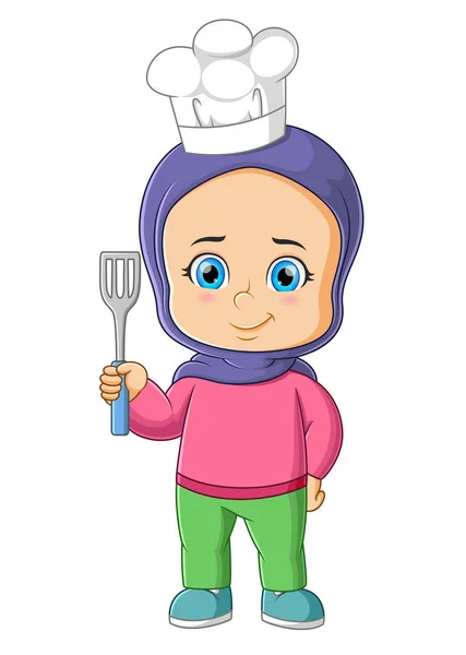 Happy Chef Girl Posing Spatula Illustration — Stock Vector
