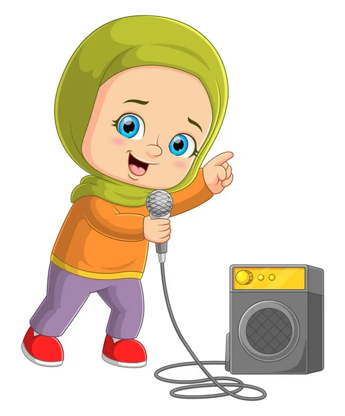 这个穆斯林女孩在插画的大喇叭旁边用麦克风唱了一首歌 — 图库矢量图片