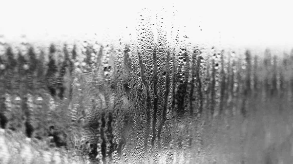 空気の湿度の高い透明なガラス上の水の自然結露の背景には 大きな滴滴が滴下 — ストック写真