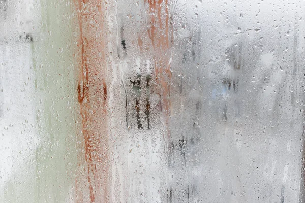 Kondensacja Przezroczystej Szybie Krople Wody Deszcz Szyby Okienne Wysokiej Wilgotności — Zdjęcie stockowe
