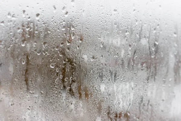 Kondenswasser Klarglasfenster Wassertropfen Regen Fensterglas Mit Hoher Luftfeuchtigkeit Hintergrund Der — Stockfoto