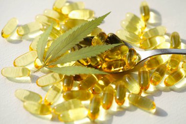 CBD yağ hapları. Beyaz zemin üzerinde şeffaf CBD Cannabidiol kapsülü ve kenevir yaprakları grubu. Organik beslenme takviyeleri kavramı