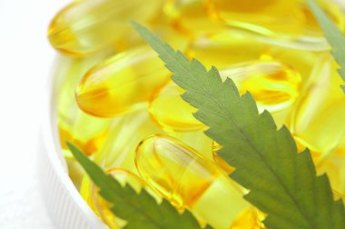 Tıbbi esrar ürünleri, yaprak, kapsüller beyaz arka planda CBD yağı. Biyolojik bitkisel bitkilerle birlikte jelatin softgeller. Organik beslenme takviyeleri kavramı