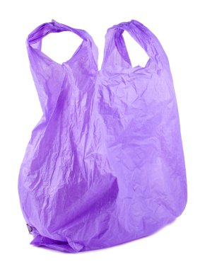 Mor Plastik Torba, Beyaz Arkaplanda Boş Alışveriş. Nesne gölgeler olmadan beyaz arkaplanda izole edilir.