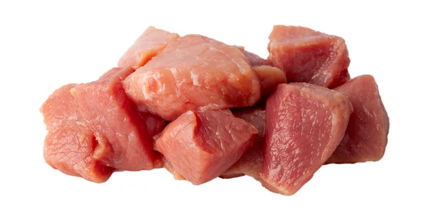 Kawałki Surowego Czerwonego Mięsa Gotowe Gotowania Białym Izolowanym Tle Bliska — Zdjęcie stockowe