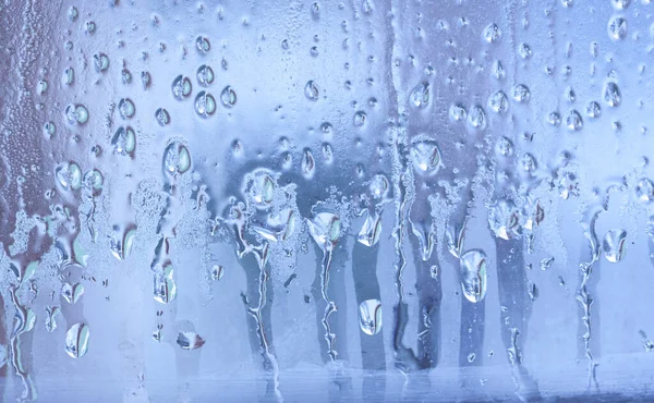 Fundo Azul Condensação Água Natural Vidro Janela Com Alto Forte — Fotografia de Stock