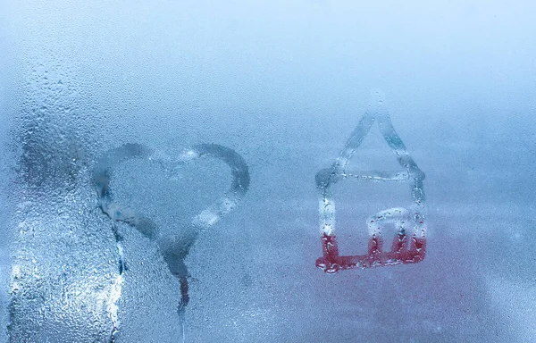 Close Love Heart Home Condensation Lettering Sweaty Window Glass Hand — Stock Photo, Image